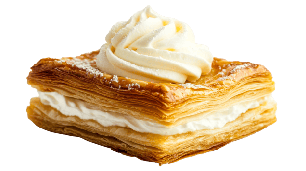 Cream Slice pastry with cream on black background, cut out transparent png