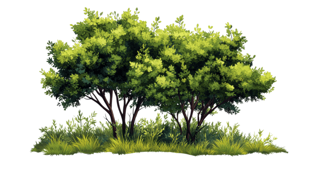 Bushy shrub greenery with fresh grass, detailed illustration, cut out transparent png