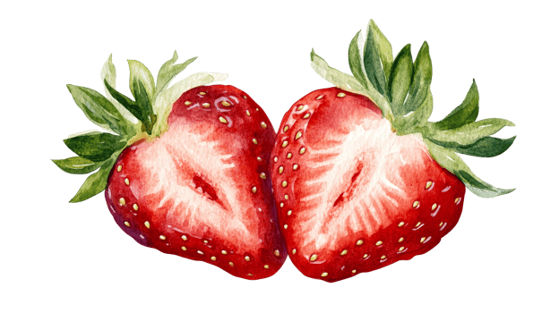 Two half strawberries with leaves, watercolor painting, cut out transparent png
