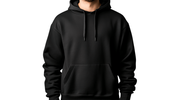 Man in a black hoodie with hood and pocket, front view, cut out transparent png