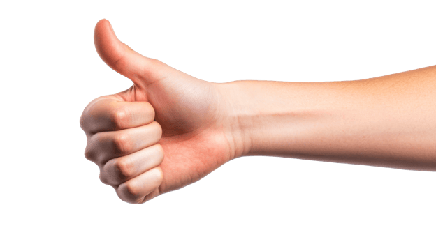 Human hand gesturing a thumbs up, approval symbol, cut out transparent png