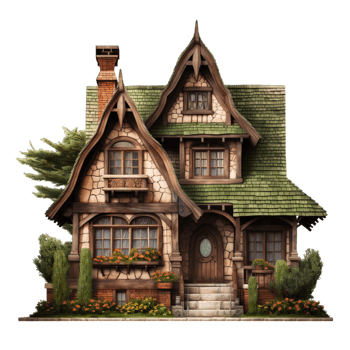 A house with a green roof and a green front door png