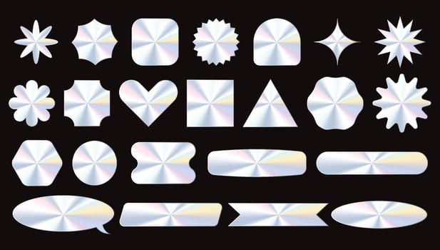 Holographic metallic patch. Black Friday glossy labels elements in different shapes. vector