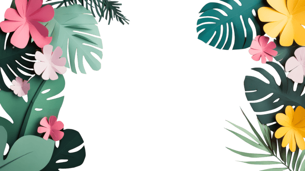 Paper plants and flowers of pink, green, and yellow, cut out transparent png
