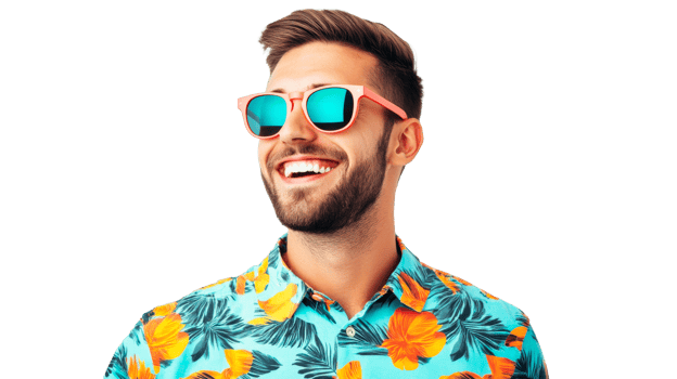 Smiling man with tropical shirt, sunglasses, isolated on black, cut out transparent png