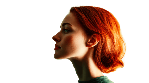 Redhead elegant woman profile, isolated against black background, cut out transparent png