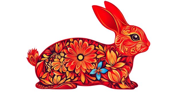 Ornate stylized rabbit with flower pattern on black, cut out transparent png