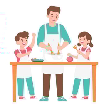 Happy Family Cooking Together in Cozy Kitchen with Smiling Father and Children Preparing Meal Isolate on white vector