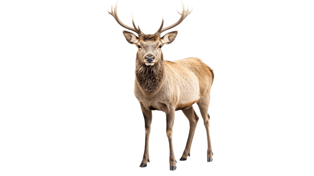 Red Deer stag standing alert in studio, cut out transparent png
