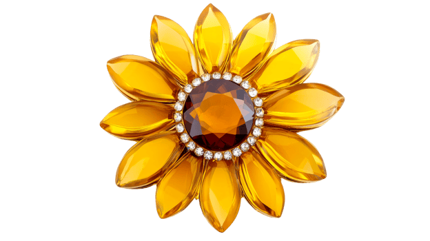 Elegant crystal flower brooch, amber petals and gems, cut out transparent png