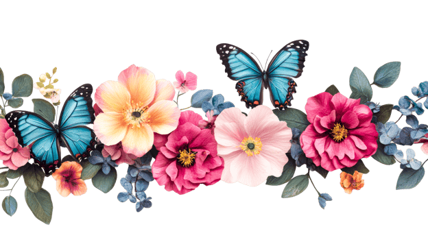 Butterflies amidst vivid flowers, blossom composition, nature, wildlife, cut out transparent png