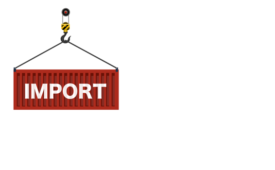 Import, Port crane lifts brown cargo container with Import sign. Logistics concept. Transparent background, copy space. png