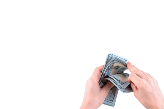 Counting paper money, American hundred dollar bills being counted by female hands. Transparent background. Copy space. png