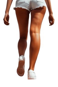 Knee injury, female legs with painful area highlighted in red. transparent background png