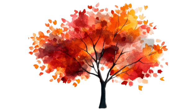 Autumn Tree Watercolor Illustration with Warm Colors, cut out transparent png
