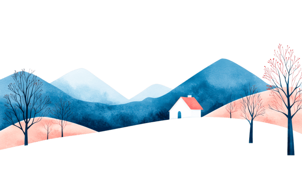 Winter landscape with house and trees, watercolor style, cut out transparent png