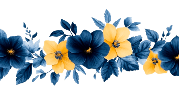 Floral elegance of blue and yellow flowers, isolated, cut out transparent png