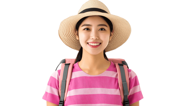 Asian tourist smiling, wearing straw hat and backpack, cut out transparent png