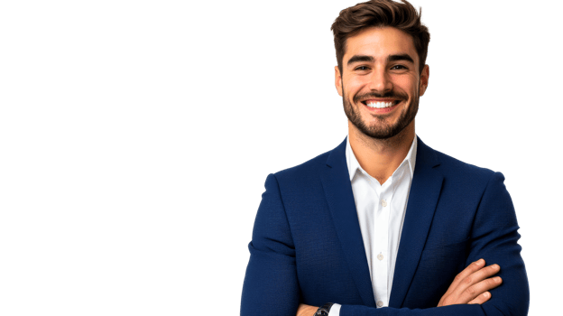 Smiling man in suit with arms crossed, cut out transparent png