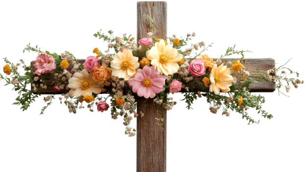 Wooden cross with flowers decoration, artistic, cut out transparent png