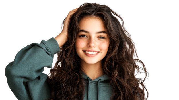 Smiling brunette woman with freckles posing, cut out transparent png