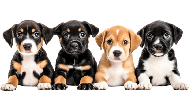 Four adorable puppies sitting in a row with a transparent backdrop, cut out transparent png