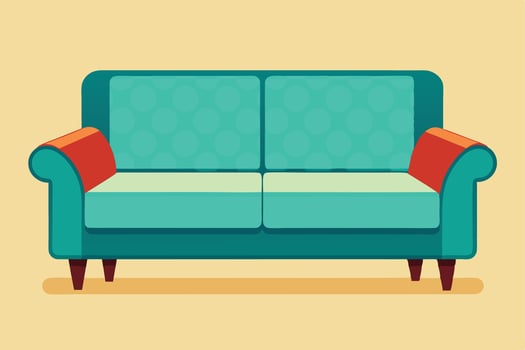 Flat Illustration of a Teal Sofa with Orange Cushions vector