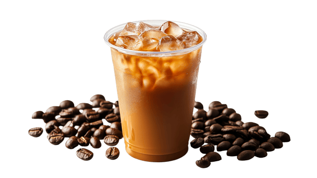Iced latte with coffee beans on a black background, cut out transparent png