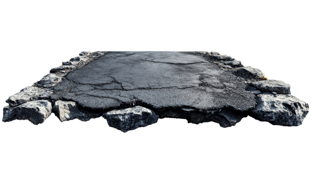 Cracked Asphalt Road Section with Rocks, Terrain Feature, cut out transparent png