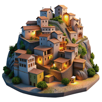vibrant creative Charming Hillside Village Transparent Background Evening Glow high resolution png