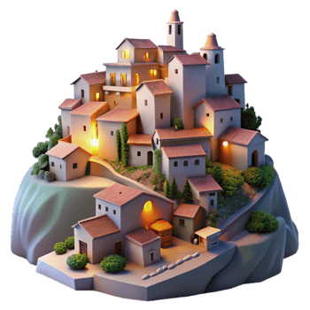 dramatic classic Charming Hillside Village Transparent Background Evening Glow exclusive png