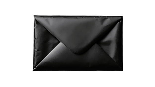 Stylish dark envelope, shiny black paper, invitation to event, cut out transparent png