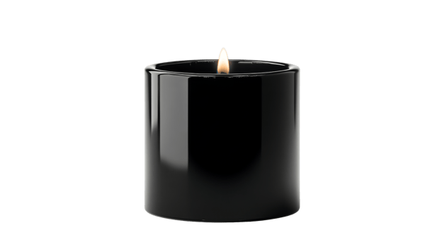 Black candle with a flame, isolated on black background, cut out transparent png