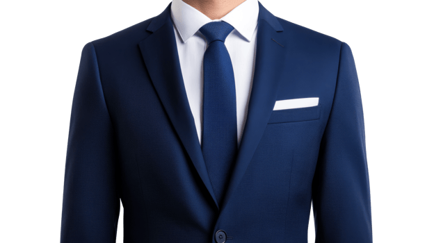 Elegant blue suit with tie and pocket square, cut out transparent png