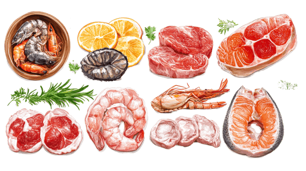 Various meat and seafood assortment, diverse protein selection, cut out transparent png