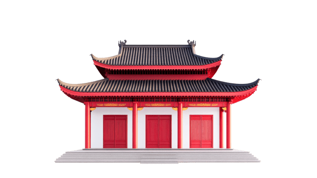 Asian Temple with Red Accents and Tiled Roof, cut out transparent png