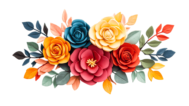 Decorative floral arrangement, crafted paper blooms, elegant design, cut out transparent png