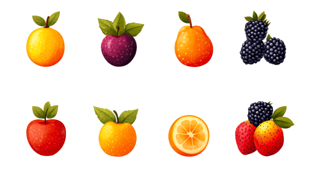Collection of eight fruits, drawing, , set, isolated, cut out transparent png