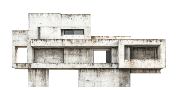 Abstract brutalist architecture made of concrete, geometric construction, cut out transparent png