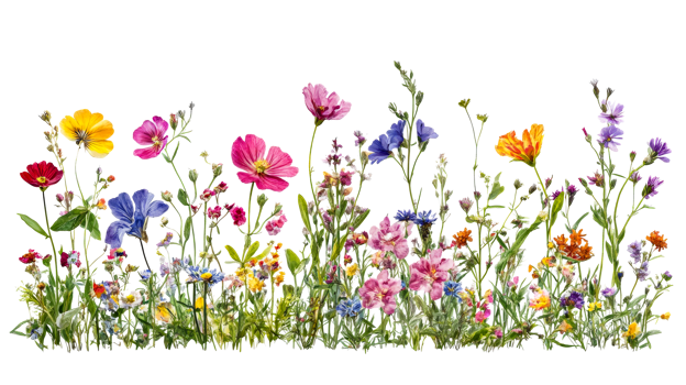 Wildflowers in Full Bloom Against Black Backdrop, cut out transparent png