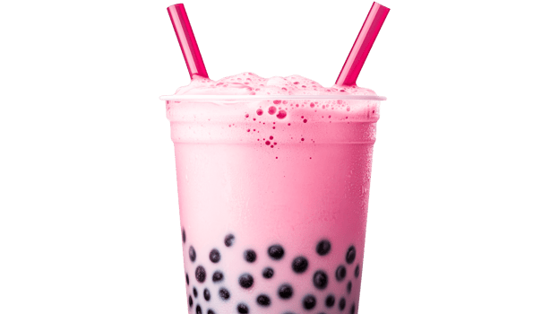 Pink strawberry bubble tea in plastic cup with straws, cut out transparent png