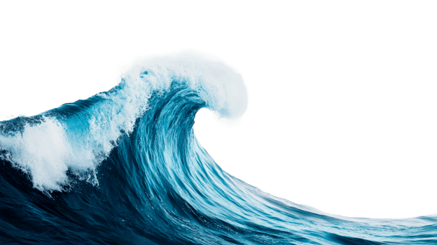 Giant turquoise wave cresting on black background, cut out transparent png