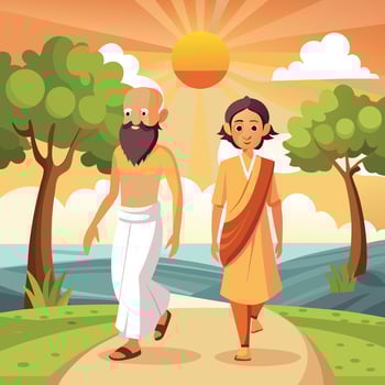 an illustration of a man and woman walking in the sun vector