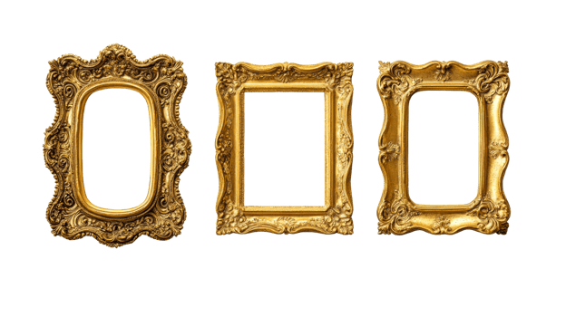 Three golden picture frames with ornaments, cut out transparent png