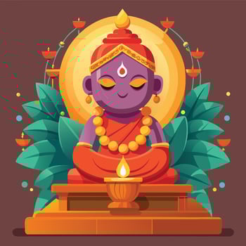 cartoon buddha sitting on a stone with candles vector