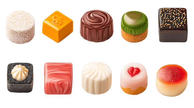 Luxury handmade chocolate candies, different flavors, isolated, cut out transparent png