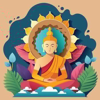 buddha in lotus position with sun and flowers vector