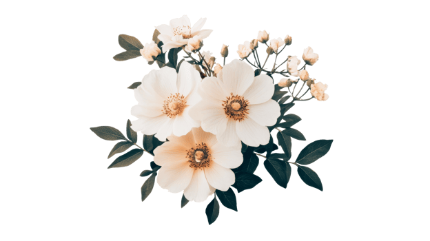 Elegant white flowers arrangement on black background, cut out transparent png