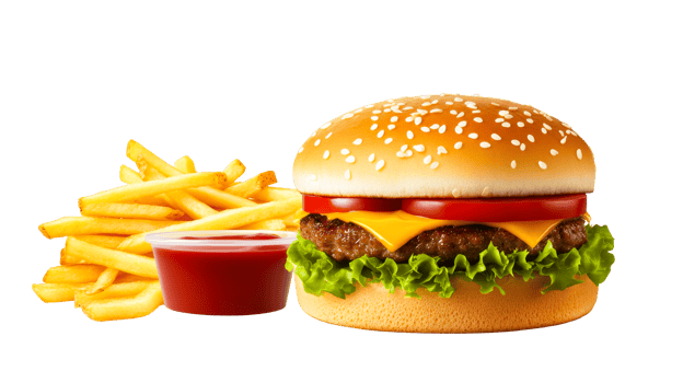Burger, fries, and ketchup in a transparent style, cut out transparent png