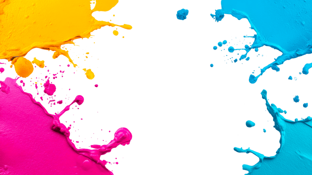 Multicolored paint splatters on black background, cut out transparent png